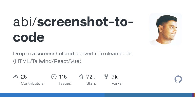 GitHub - abi/screenshot-to-code: Drop in a screenshot and convert it to clean code (HTML/Tailwind/React/Vue)